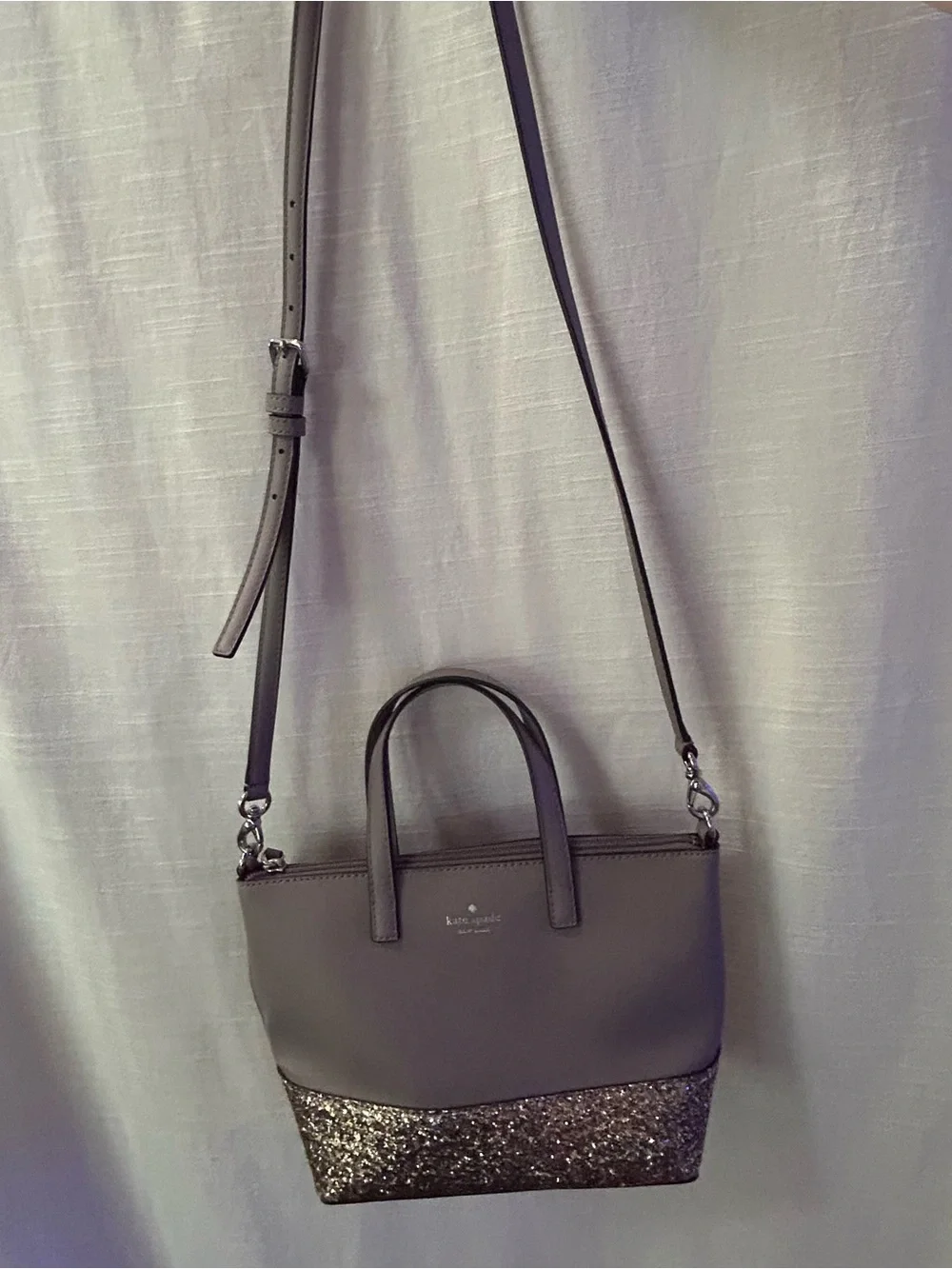 kate spade taupe glitter two-tone small satchel with gold sparkle